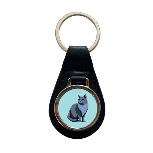 Russian Blue Cat Sitting Black Leather Metal Keychain