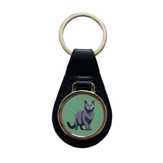 Russian Blue Cat Standing Black Leather Metal Keychain