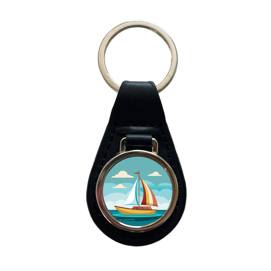 Sailboat Sailing Cute Black Leather Metal Keychain