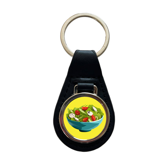 Salad Bowl Vegetables Vegan Vegetarian Black Leather Metal Keychain