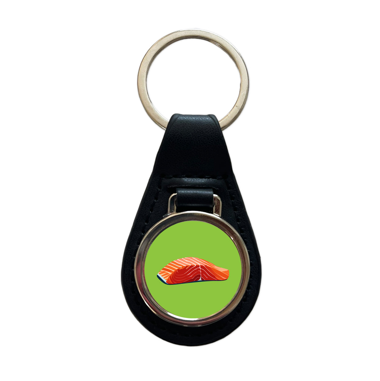 Salmon Fresh Fish Fillet Sockeye Atlantic Black Leather Metal Keychain