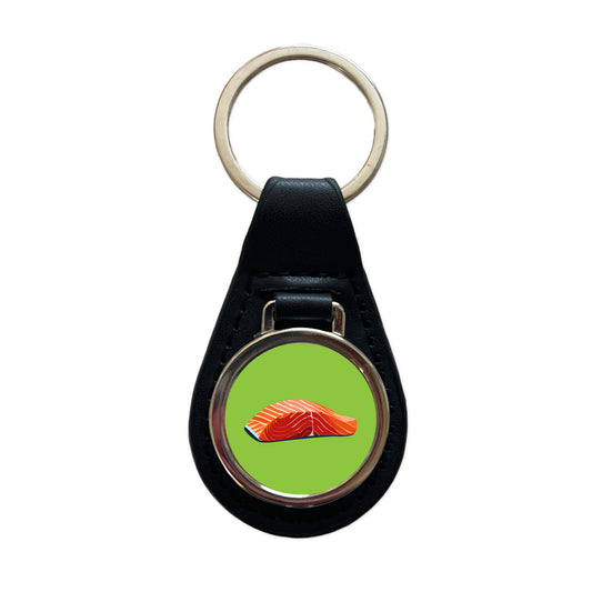 Salmon Fresh Fish Fillet Sockeye Atlantic Black Leather Metal Keychain