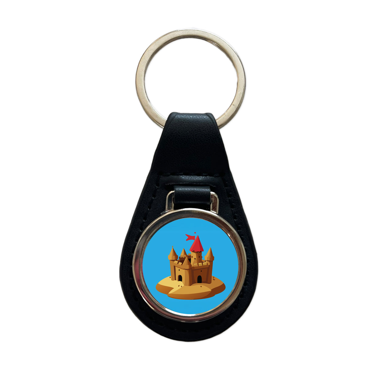 Sand Castle Beach Black Leather Metal Keychain