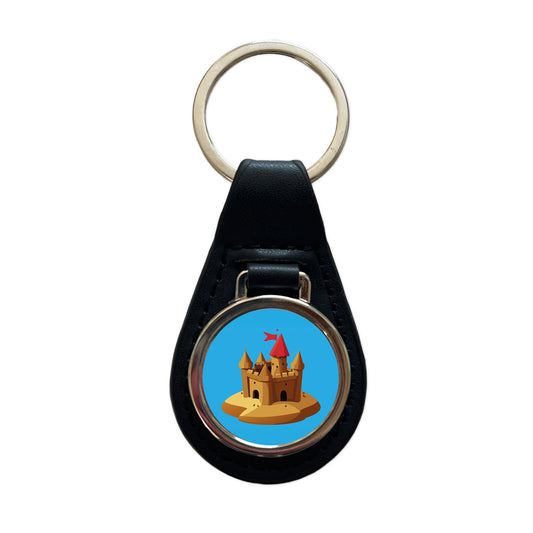 Sand Castle Beach Black Leather Metal Keychain