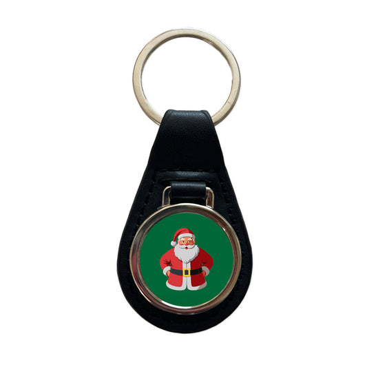 Santa Claus Christmas Black Leather Metal Keychain