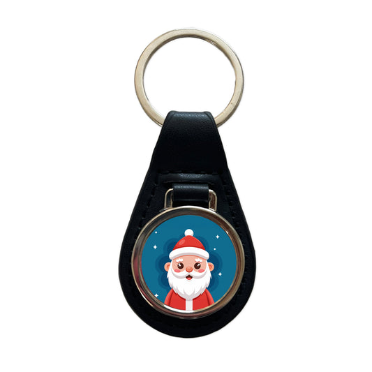 Santa Cute Xmas Christmas Black Leather Metal Keychain