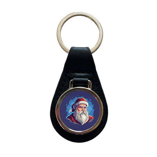 Santa Father Christmas Xmas Black Leather Metal Keychain