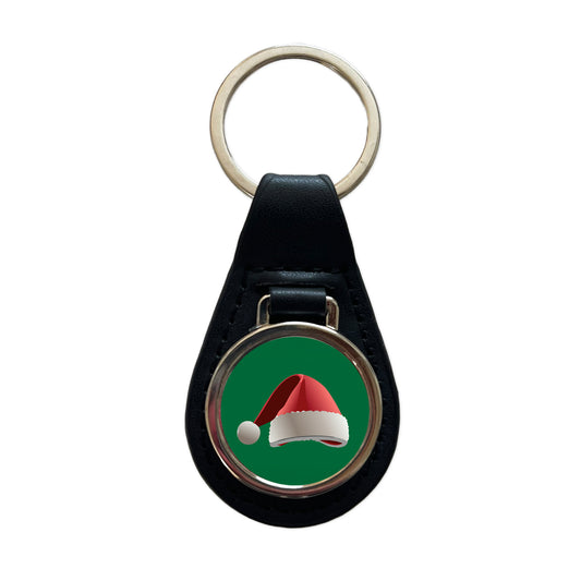 Santa Hat Christmas Black Leather Metal Keychain