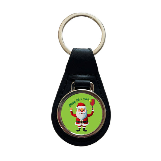 Santa Playing Pickleball Funny Merry Dink-mas Christmas Black Leather Metal Keychain