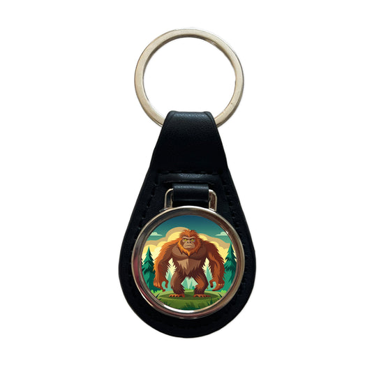 Sasquatch Big Foot Drawing Black Leather Metal Keychain