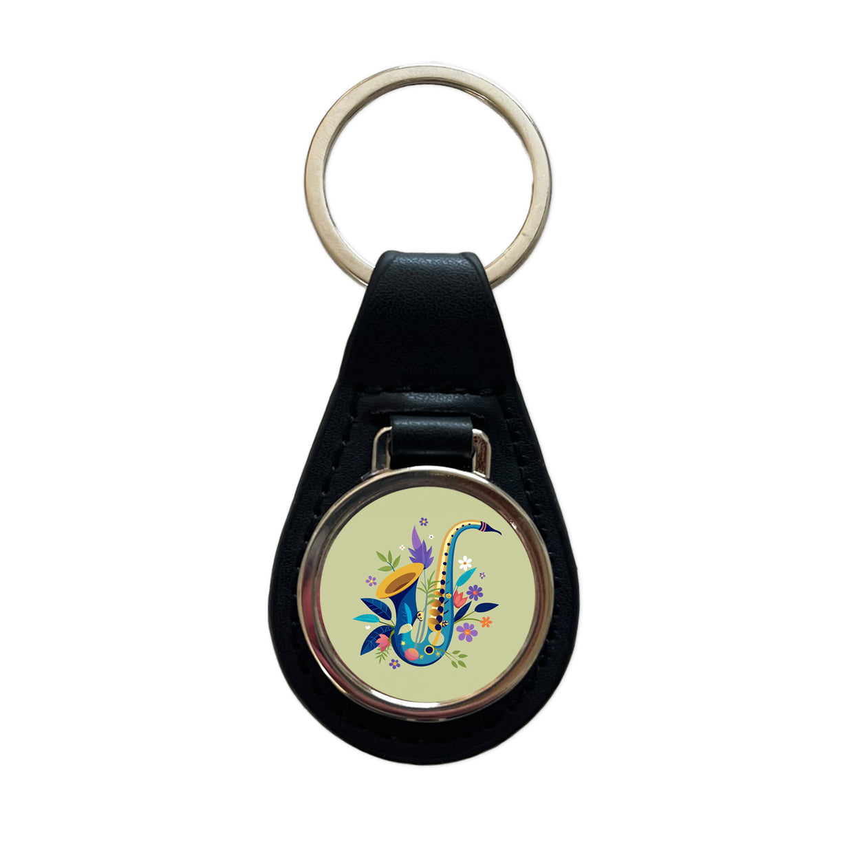 Saxophone Instrument Music Floral Motif Black Leather Metal Keychain
