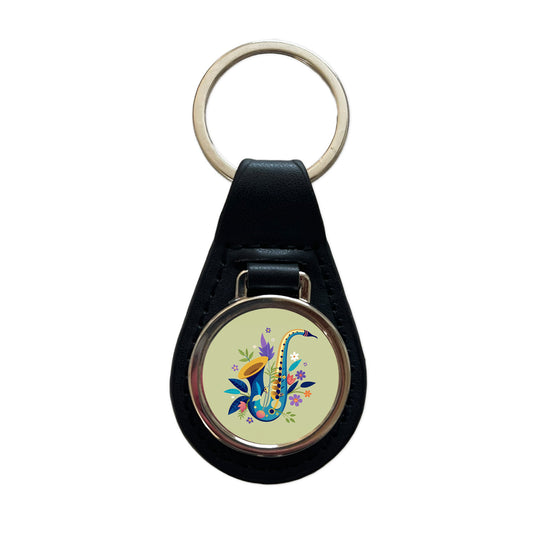 Saxophone Instrument Music Floral Motif Black Leather Metal Keychain