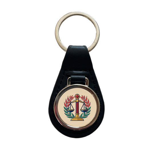 Scales of Justice Black Leather Metal Keychain