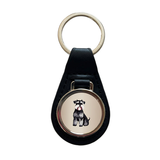 Schnauzer Dog Watercolor Black Leather Metal Keychain