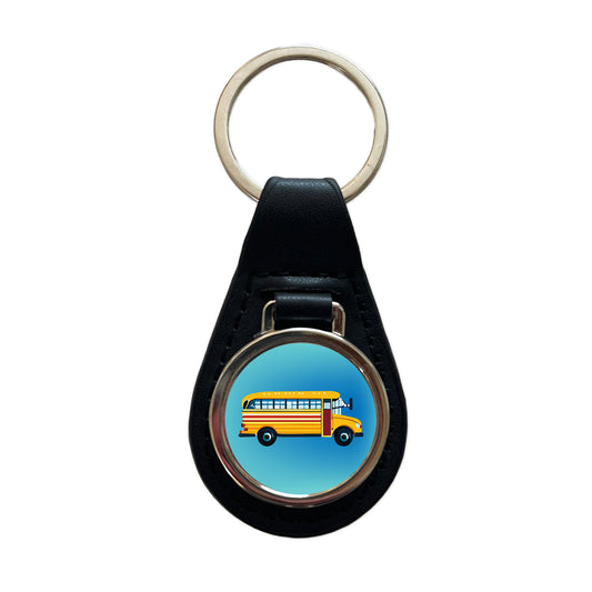 School Bus Black Leather Metal Keychain