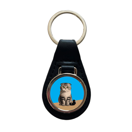 Scottish Fold Cat Sitting Black Leather Metal Keychain