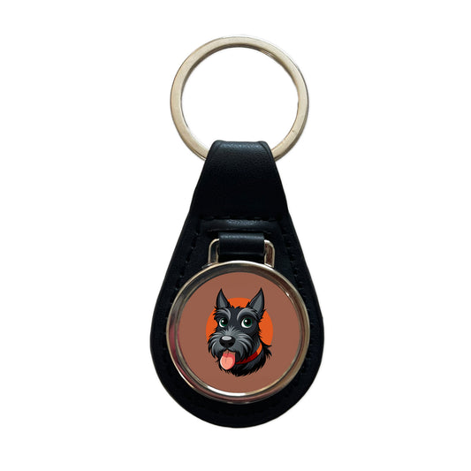 Scottish Terrier Scottie Sticking Out Tongue Black Leather Metal Keychain