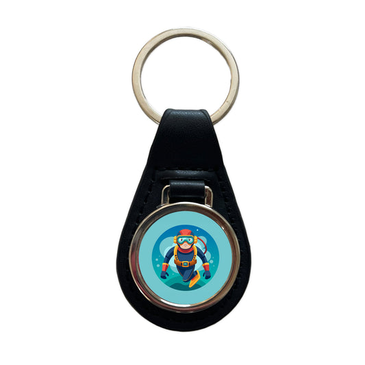 Scuba Diver Diving Black Leather Metal Keychain