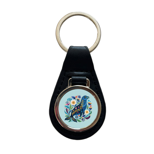 Sea Lion Floral Flowers Black Leather Metal Keychain