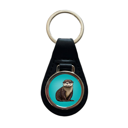Sea Otter Cute Ocean Animal Black Leather Metal Keychain