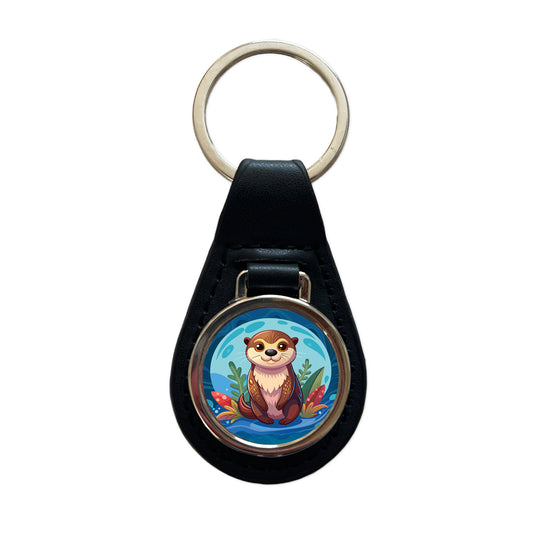 Sea Otter Cute Black Leather Metal Keychain