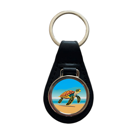 Sea Turtle Swimming Black Leather Metal Keychain