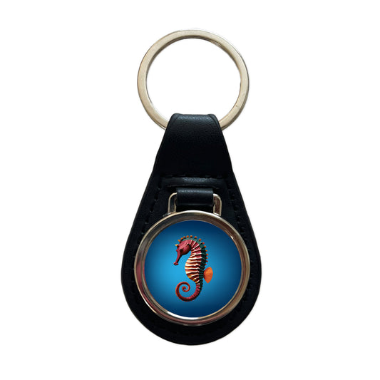 Seahorse Sea Horse Ocean Black Leather Metal Keychain