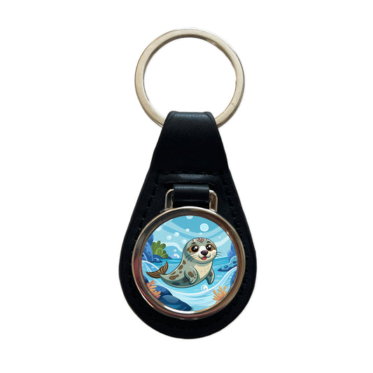 Seal in Water Cute Black Leather Metal Keychain