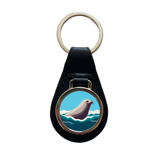 Seal Swimming in Ocean Sea Black Leather Metal Keychain