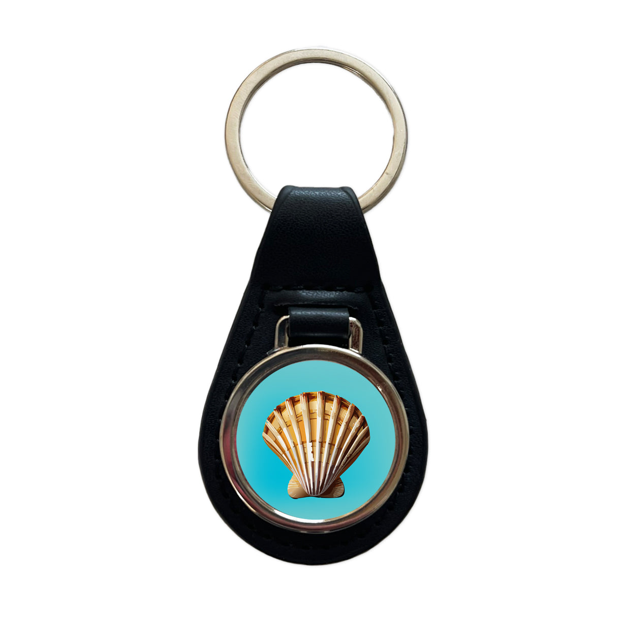 Seashell Sea Shell Ocean Beach Black Leather Metal Keychain