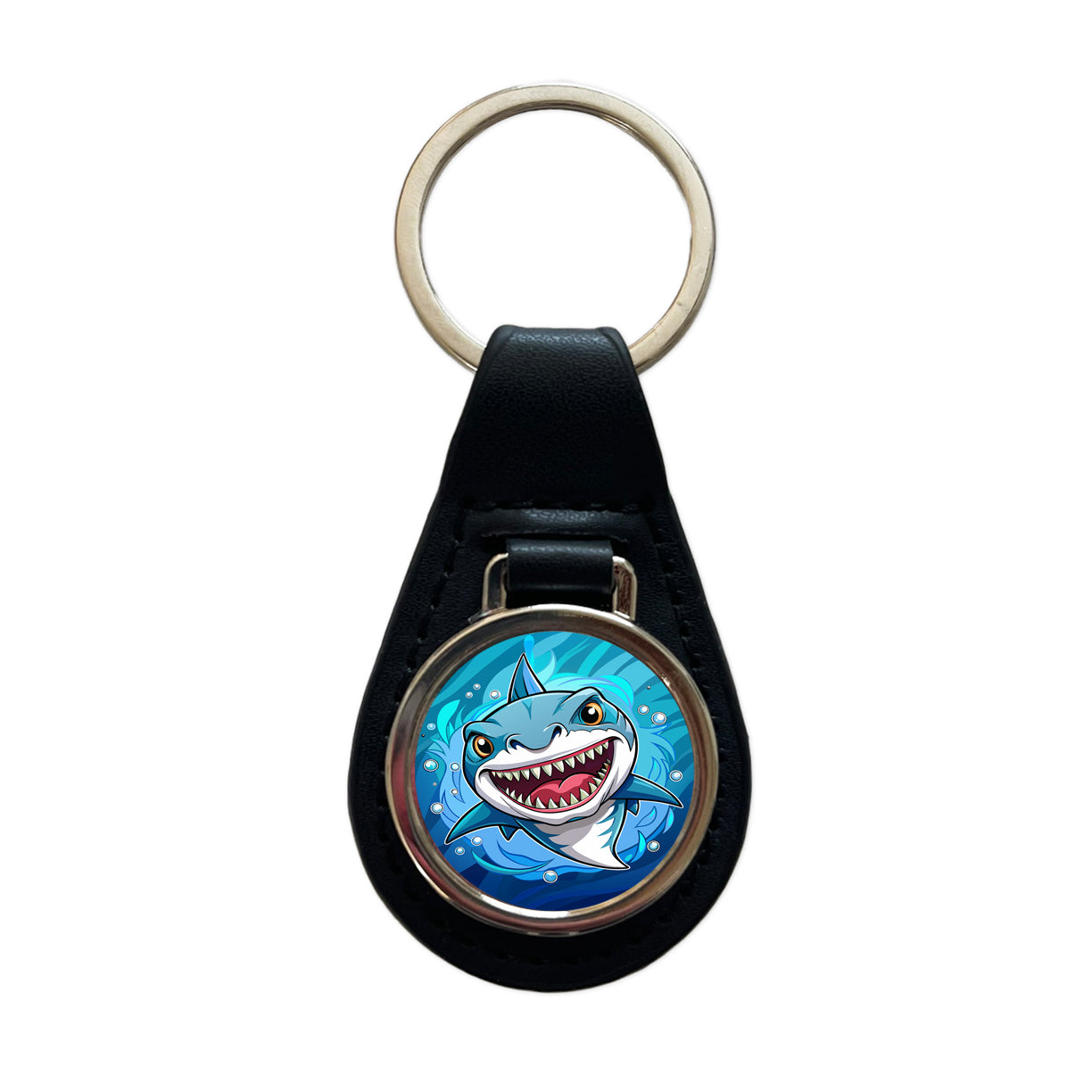 Shark in Ocean Scary Black Leather Metal Keychain