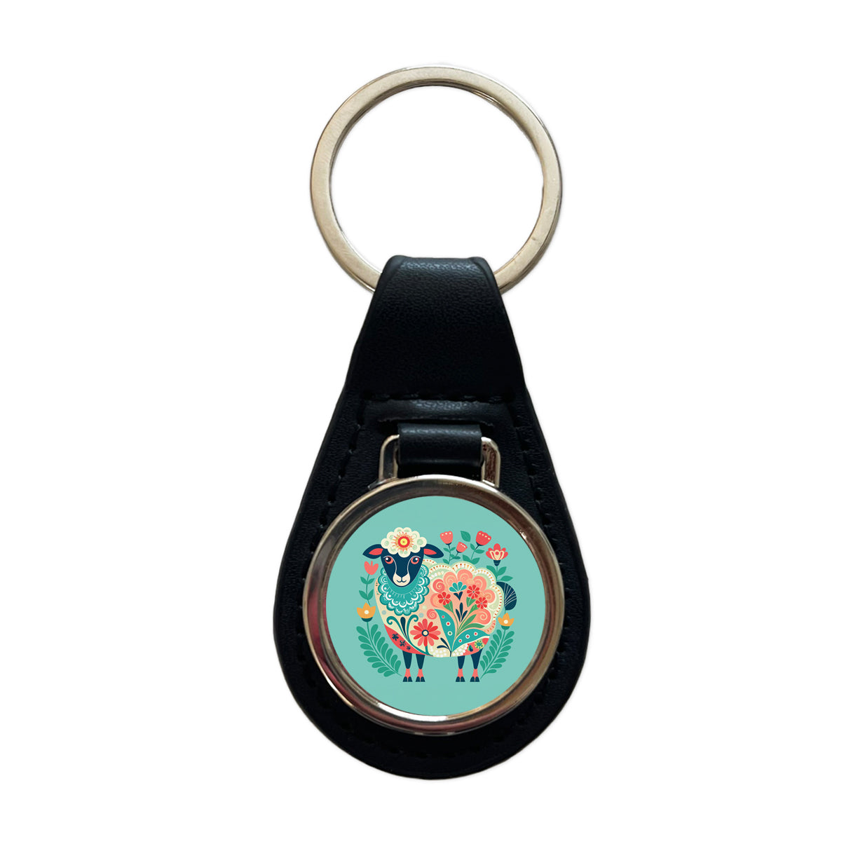 Sheep Floral Flowers Black Leather Metal Keychain