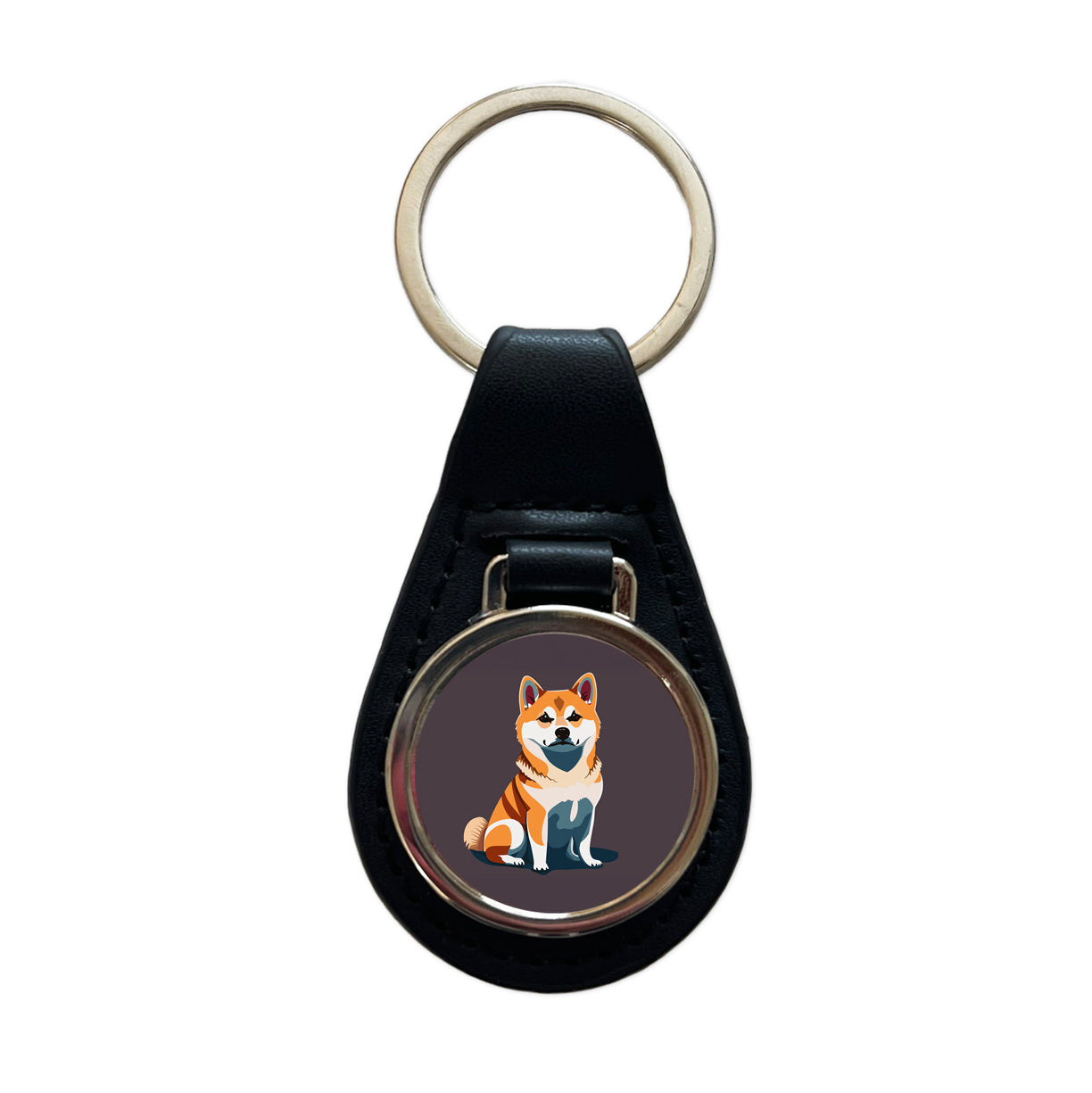 Shiba Inu Dog Sitting Black Leather Metal Keychain