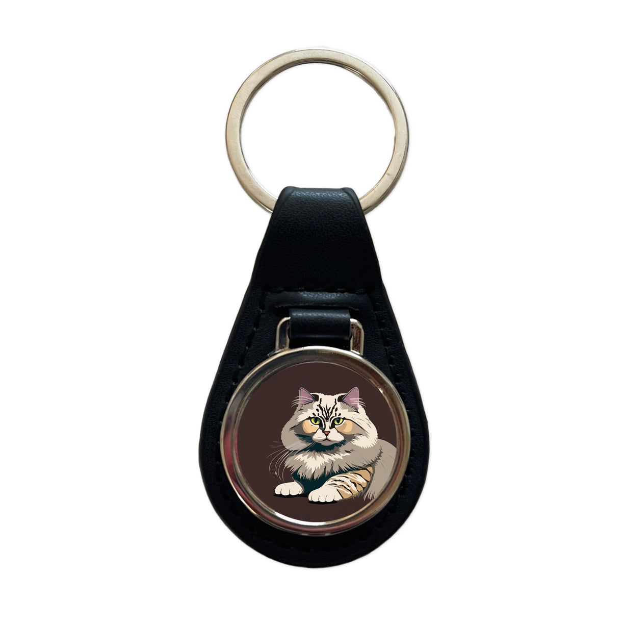 Siberian Cat Crouched Black Leather Metal Keychain