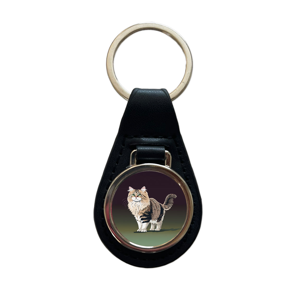 Siberian Cat Standing Black Leather Metal Keychain