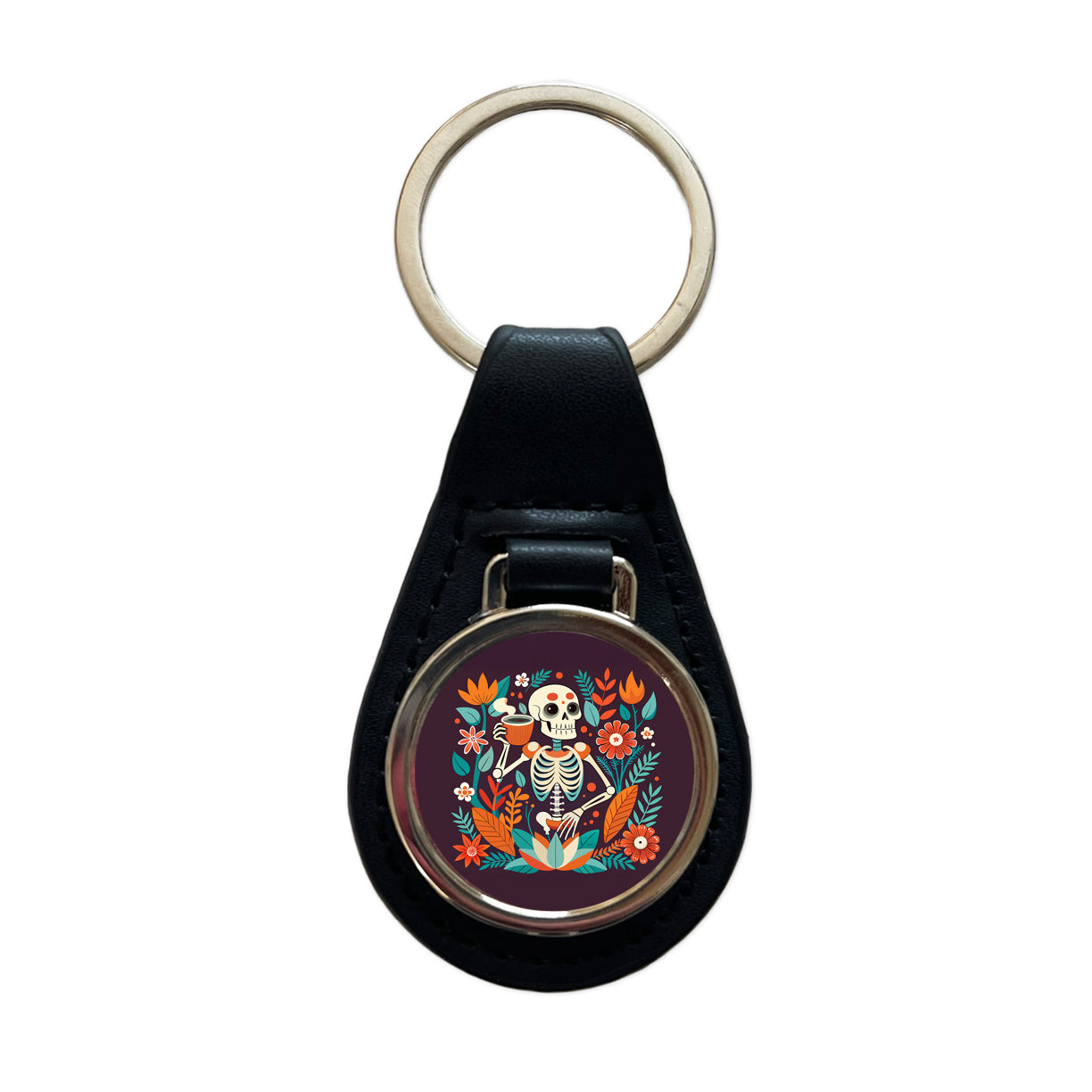 Skeleton Drinking Tea Funny Floral Flowers Black Leather Metal Keychain