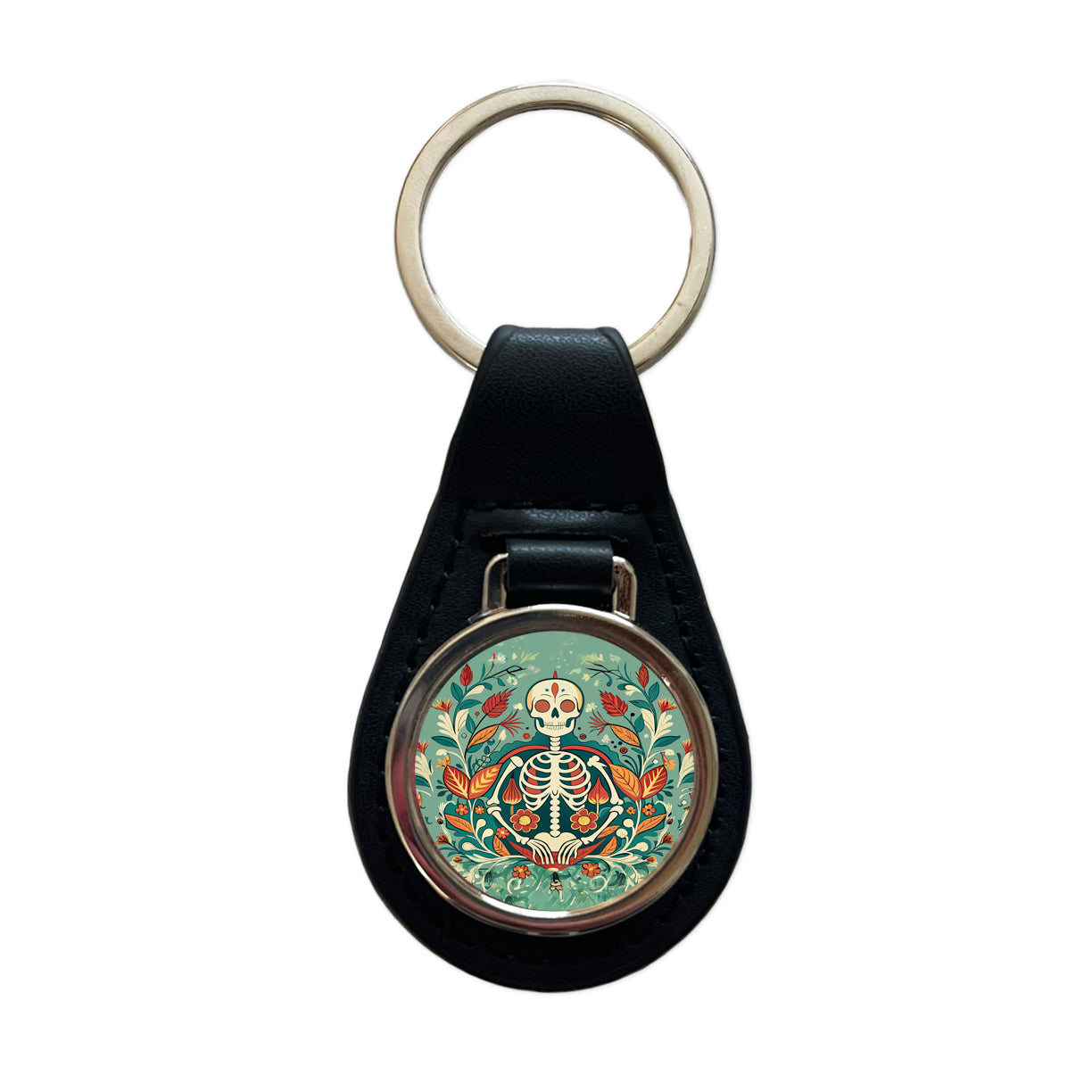 Skeleton Floral Art Nouveau Flowers Elegant Black Leather Metal Keychain