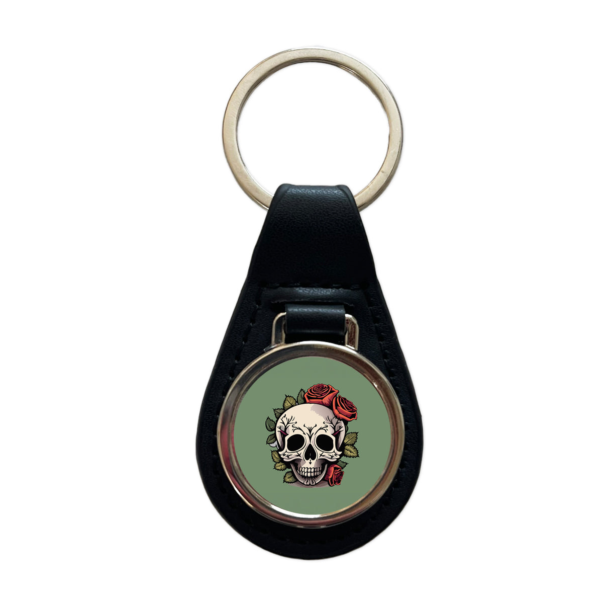 Skull and Roses Black Leather Metal Keychain