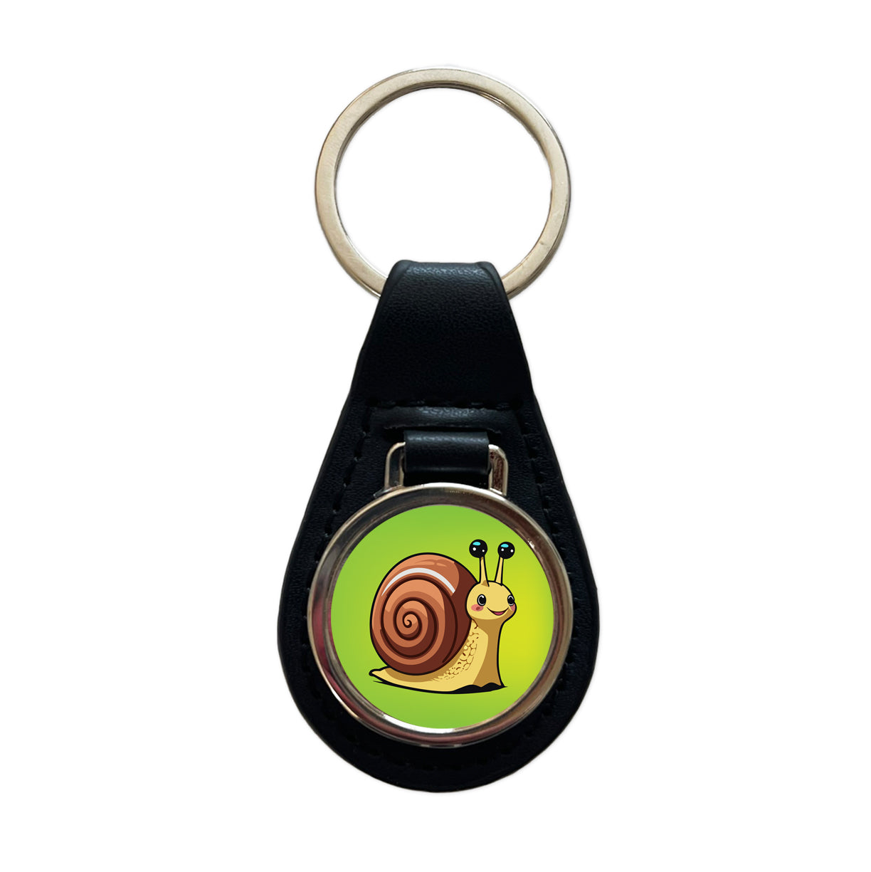 Snail Smiling Black Leather Metal Keychain