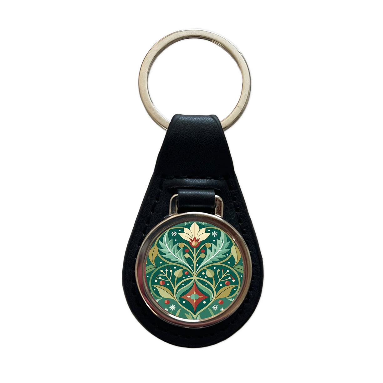Snowflakes Winter Art Nouveau Black Leather Metal Keychain