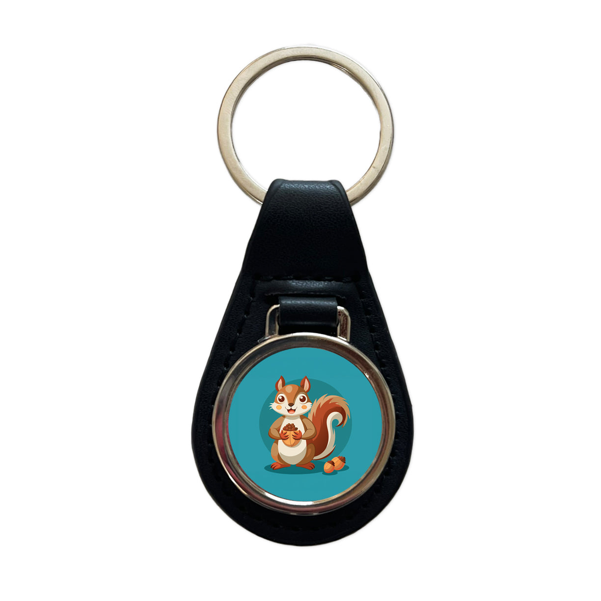 Squirrel with Nuts Smiling Black Leather Metal Keychain