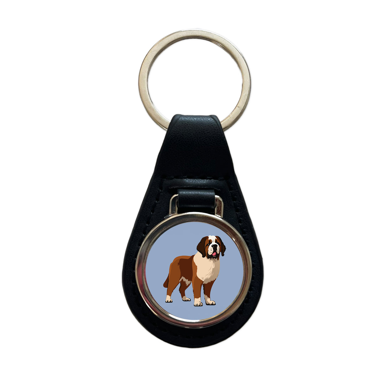 St Bernard Dog Standing Black Leather Metal Keychain