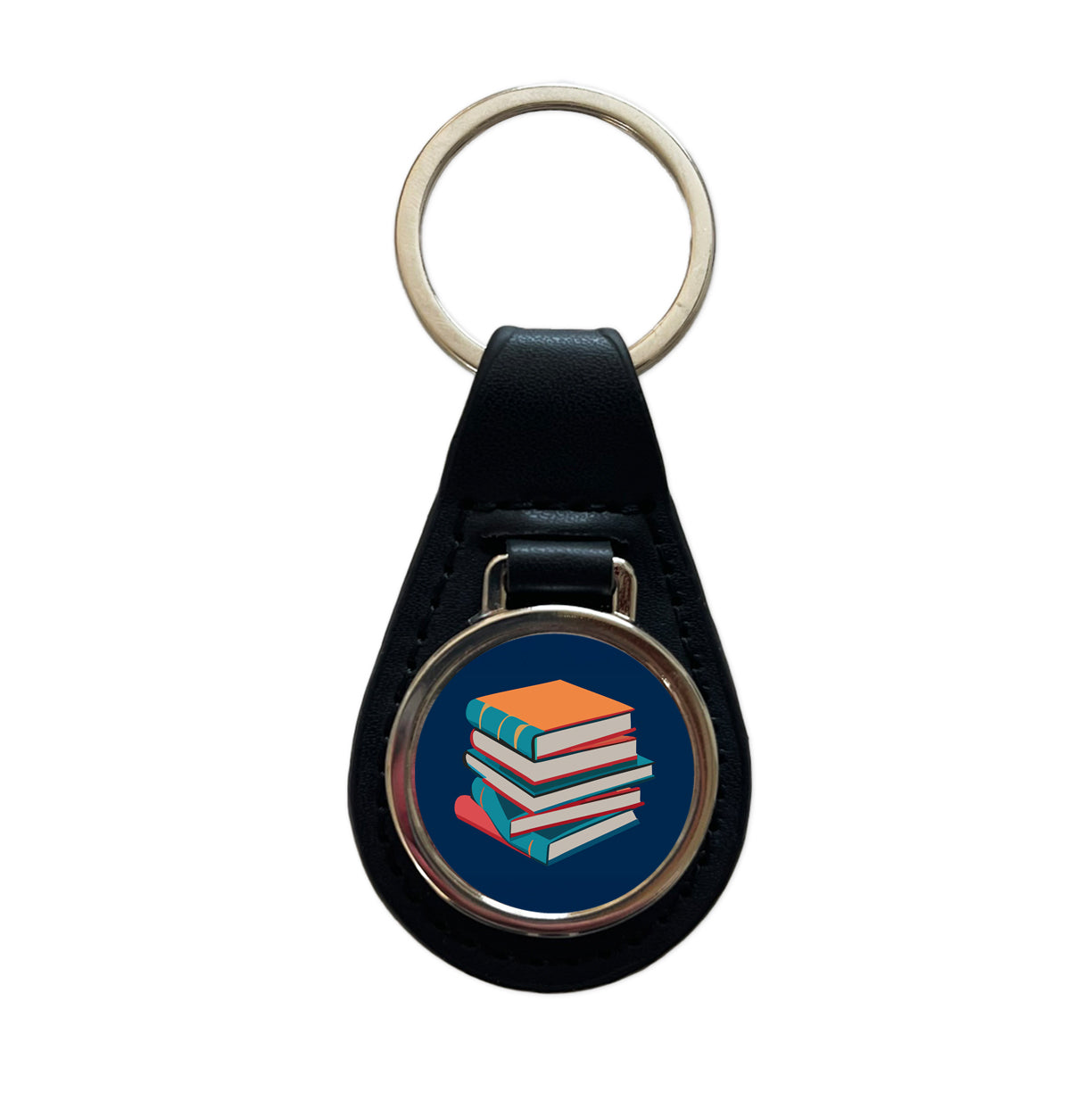 Stack of Books Reading Black Leather Metal Keychain