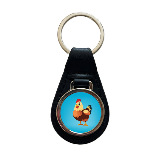 Standing Rooster Happy Black Leather Metal Keychain