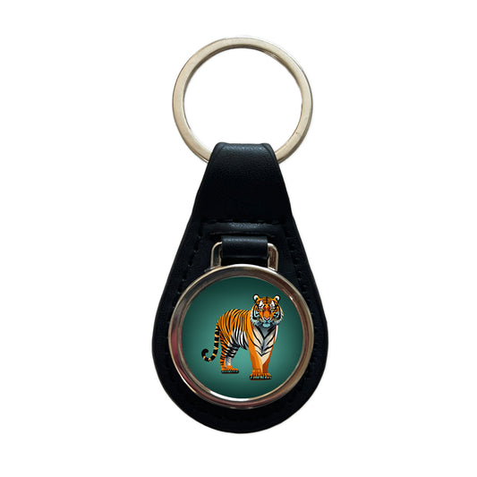 Standing Tiger Black Leather Metal Keychain