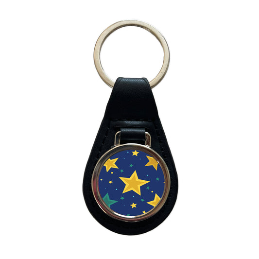 Stars Scattered Background Black Leather Metal Keychain