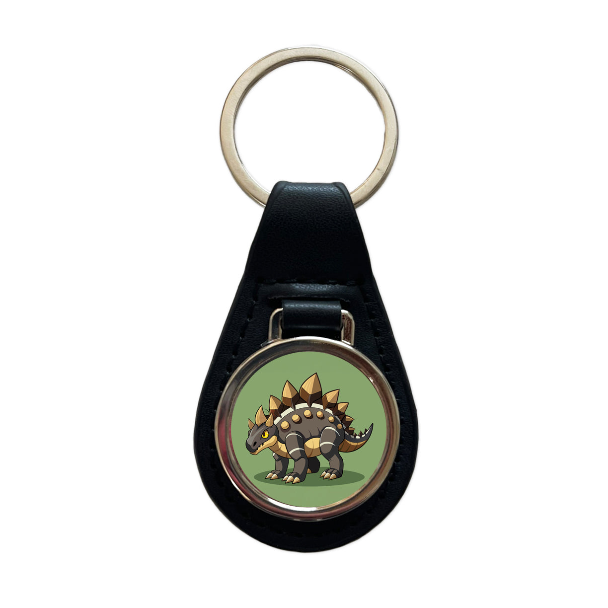 Stegosaurus Armored Dinosaur Black Leather Metal Keychain