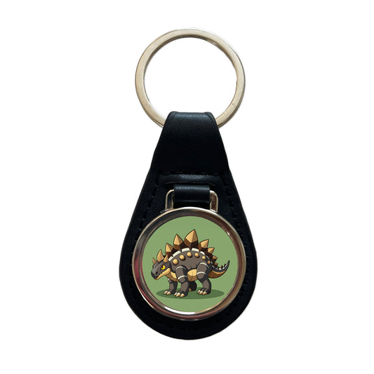 Stegosaurus Armored Dinosaur Black Leather Metal Keychain