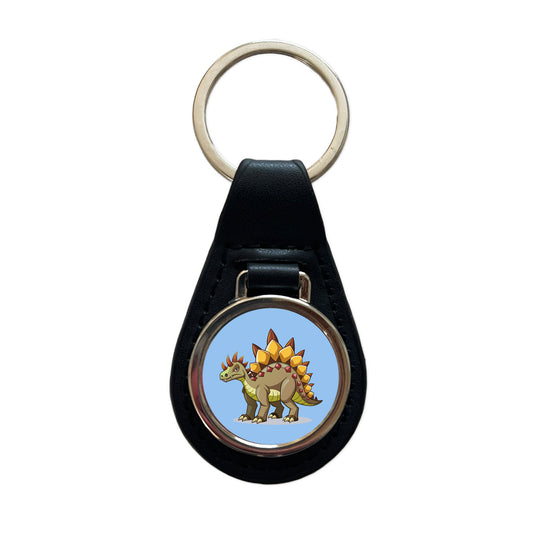 Stegosaurus Dinosaur Black Leather Metal Keychain