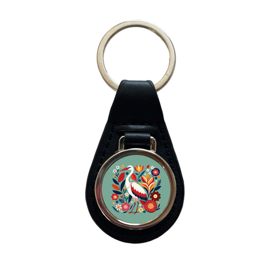 Stork Bird Floral Flowers Black Leather Metal Keychain